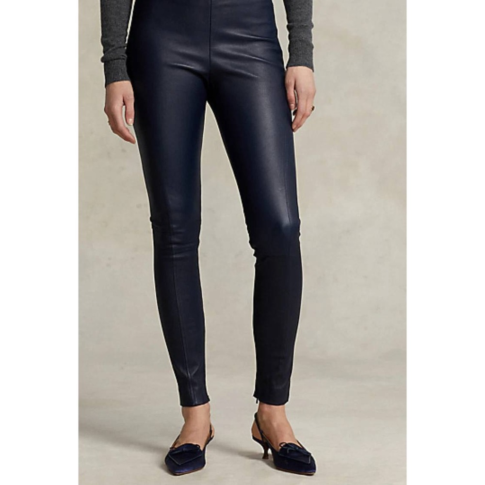 NEW Polo Ralph Lauren Pull On Lamb Leather Skinny Pants Navy Blue Womens XL